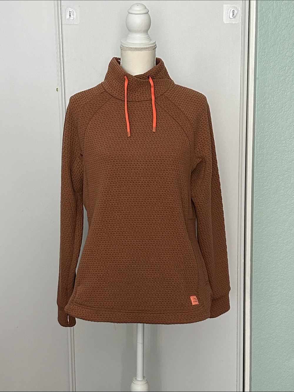 L.L. Bean Waffle-Knit Funnelneck Sweater in Brown with Orange Drawcords